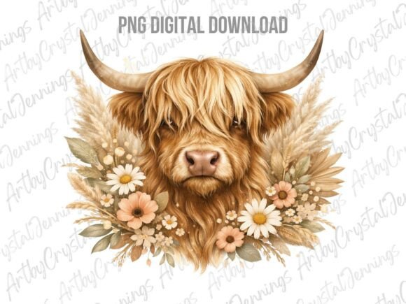 Download Floral Boho Highland Cow Farm Animal PNG - Farm Collection