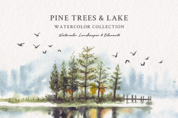 Download Watercolor Pine Trees &amp; Lake - Pine trees Collection